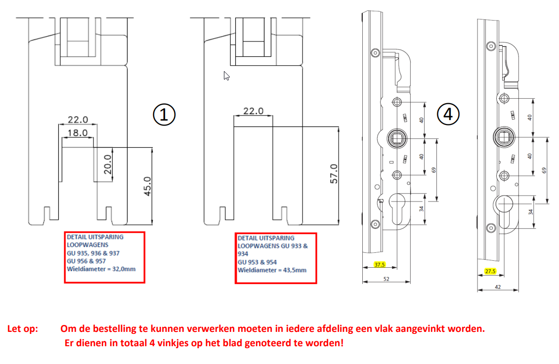GU detail: uitsparing loopwagens en doornmaat